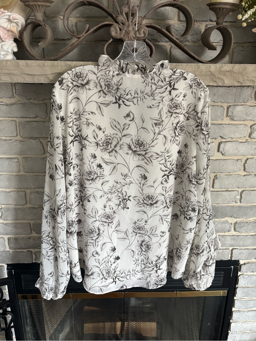 Floral Print Mock-Neck Women’s Blouse — White with Black Floral